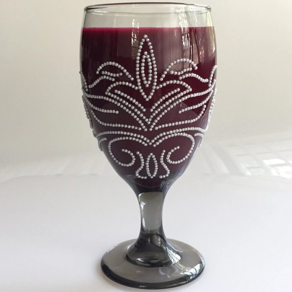 Gray tinted wine glass, unique, handmade. Floral, swirls pearl white rhinestones